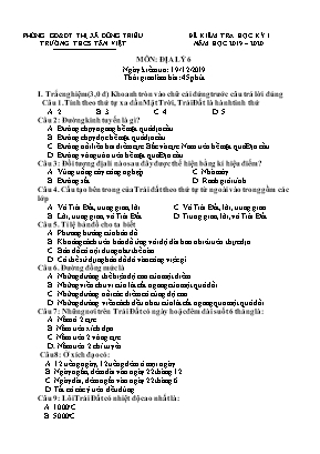 Đề kiểm tra học kỳ I môn Đia ly 6 - Năm học 2019-2020